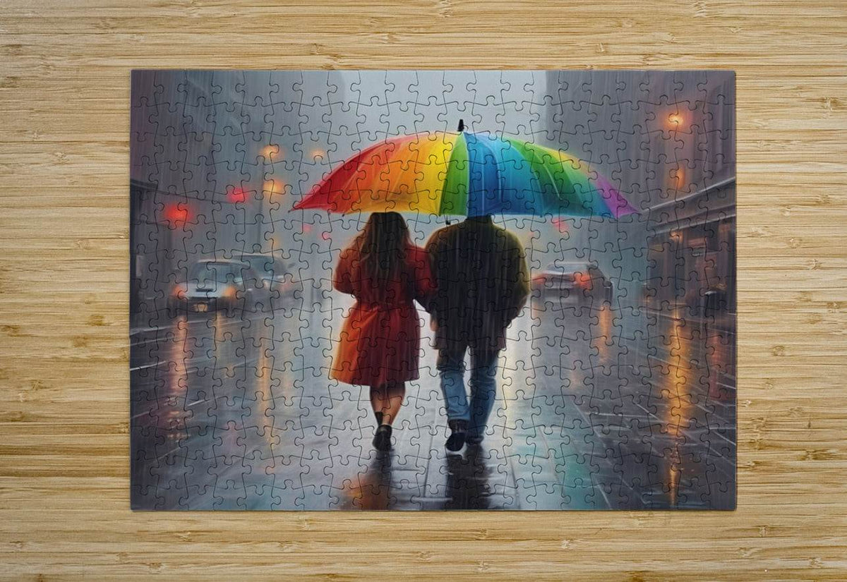 Rainbow umbrella couple jigsaw puzzle image, woman in red dress and man in blue jeans