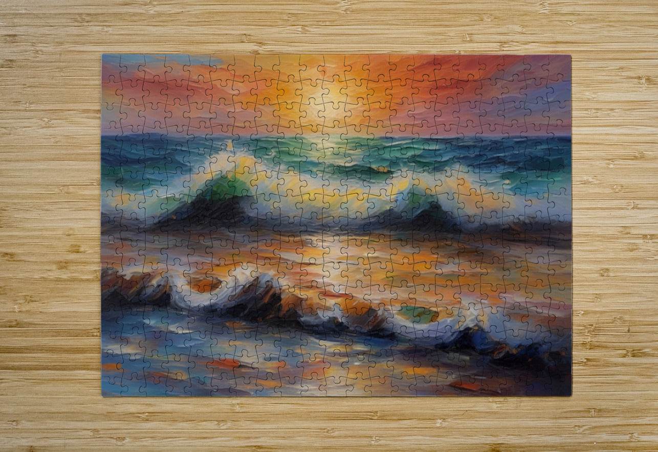Ocean seascape wall print with orange sunset, dark rocks, and green-blue surf texture