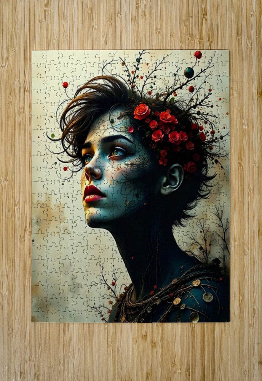 Jigsaw puzzle print of a blue-faced woman profile with red roses and dark branches