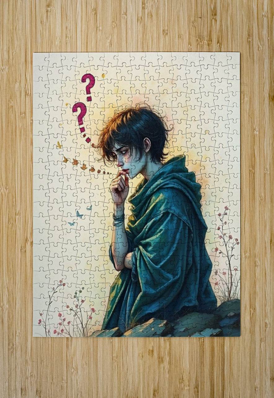 Puzzle print: woman in teal cloak, finger to lips, pink question marks on jigsaw backing