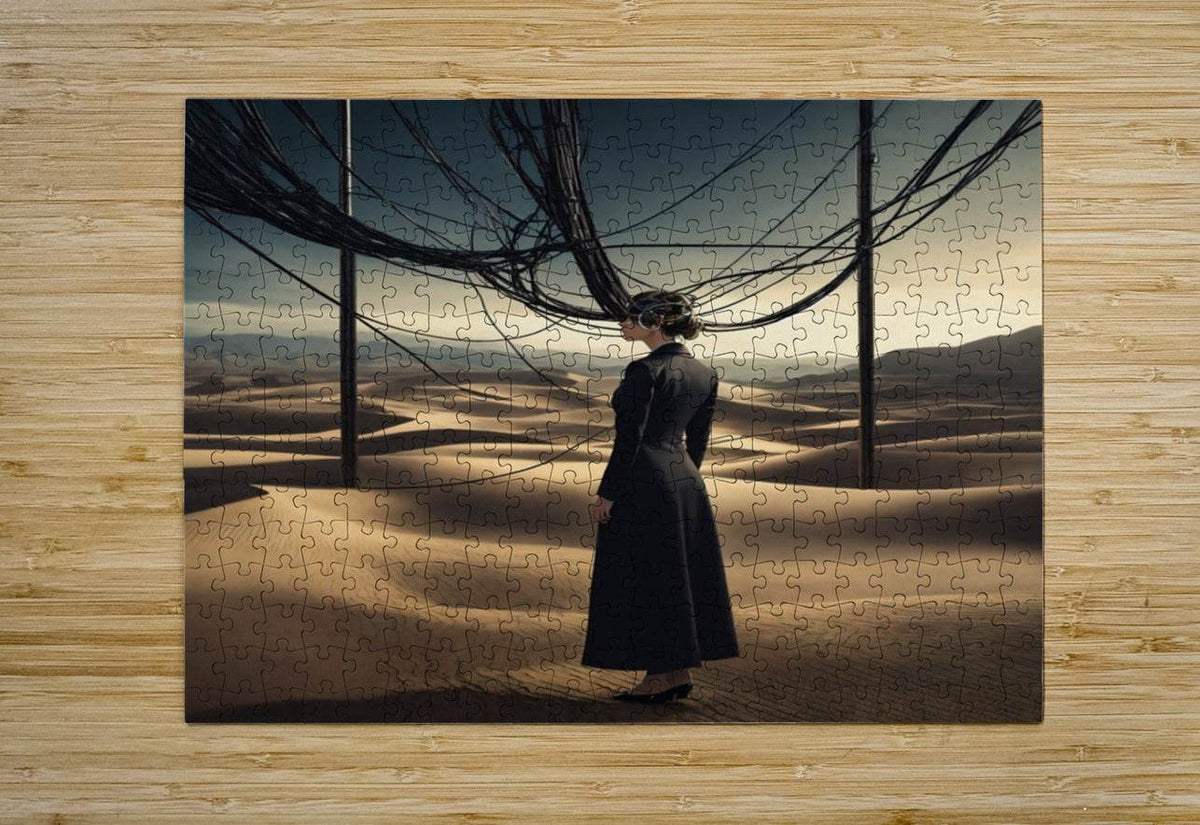 Jigsaw-style desert artwork showing a woman in a dark dress beneath black wire arches