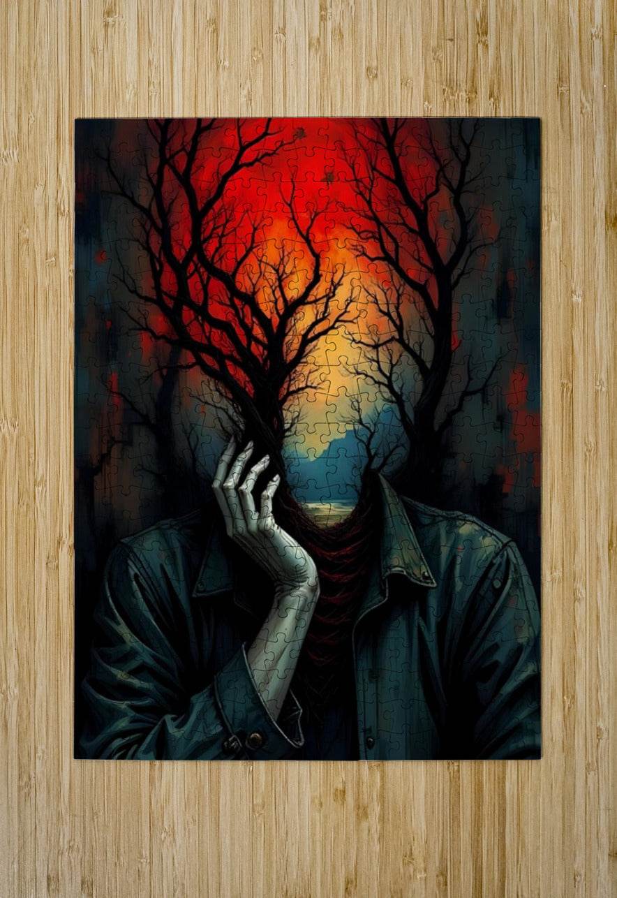 Surreal wall art on wood paneling, depicting a figure with tree branches and glowing sky