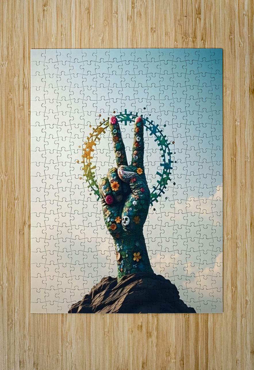 Puzzle print of floral peace-hand artwork with peace sign circles on light background
