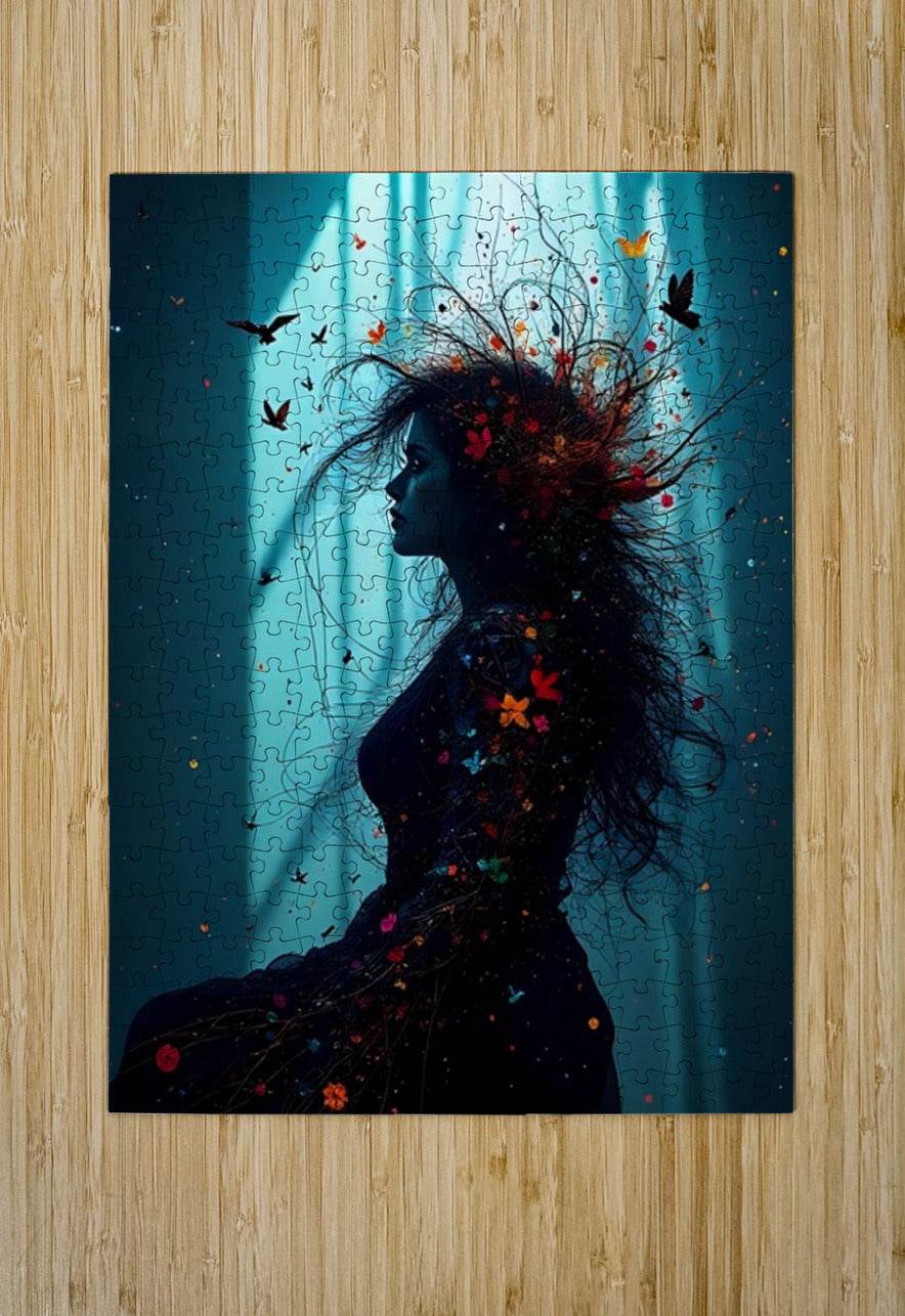 Puzzle-style print of a black woman profile silhouette with colorful butterflies on teal