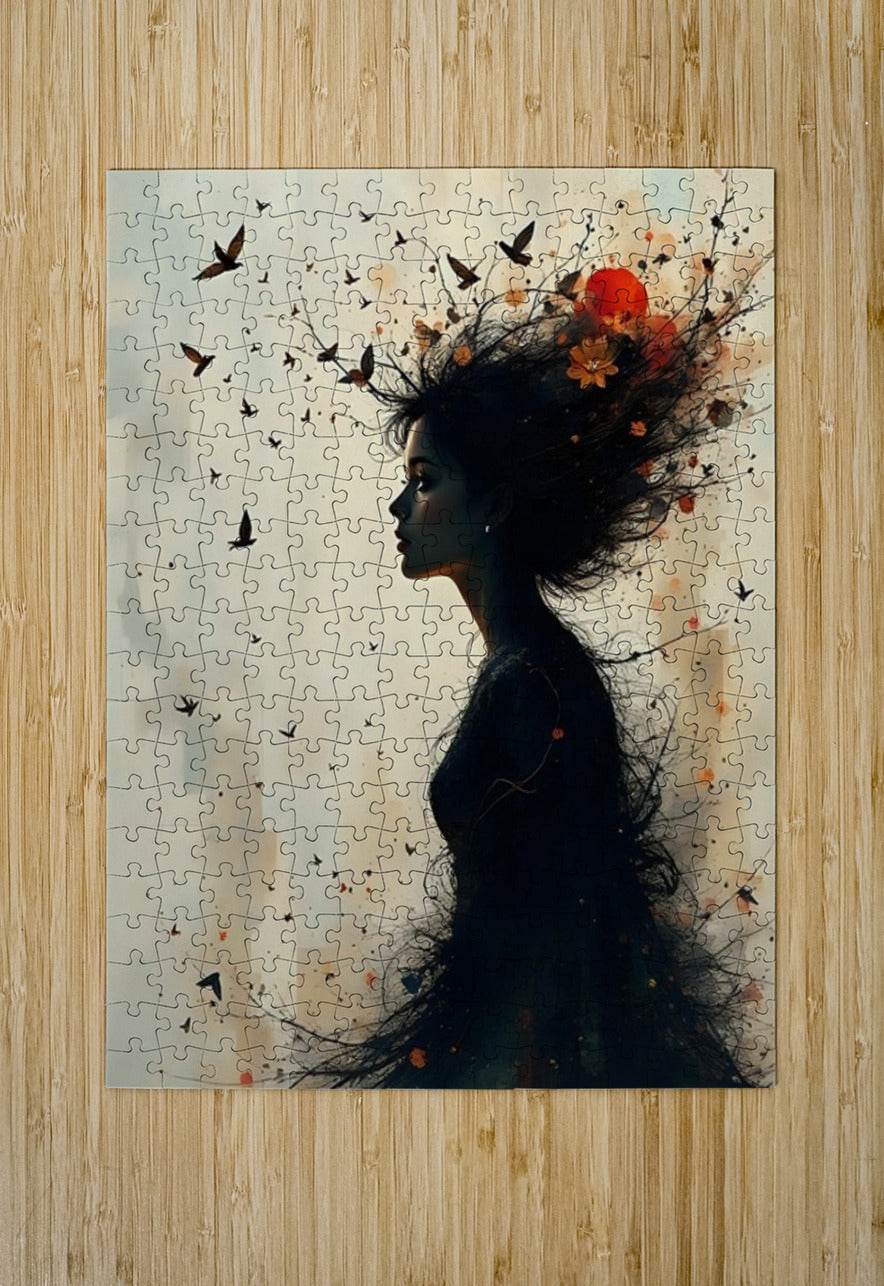 Puzzle wall piece showing a side-profile woman silhouette with birds and red flower elements