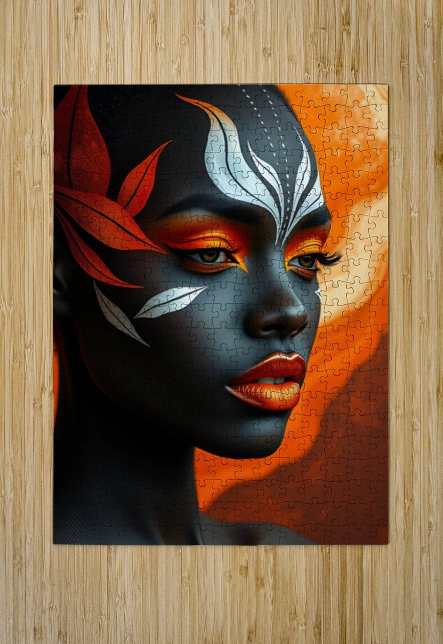 Jigsaw puzzle wall art featuring stylized face portrait in orange, black, and red