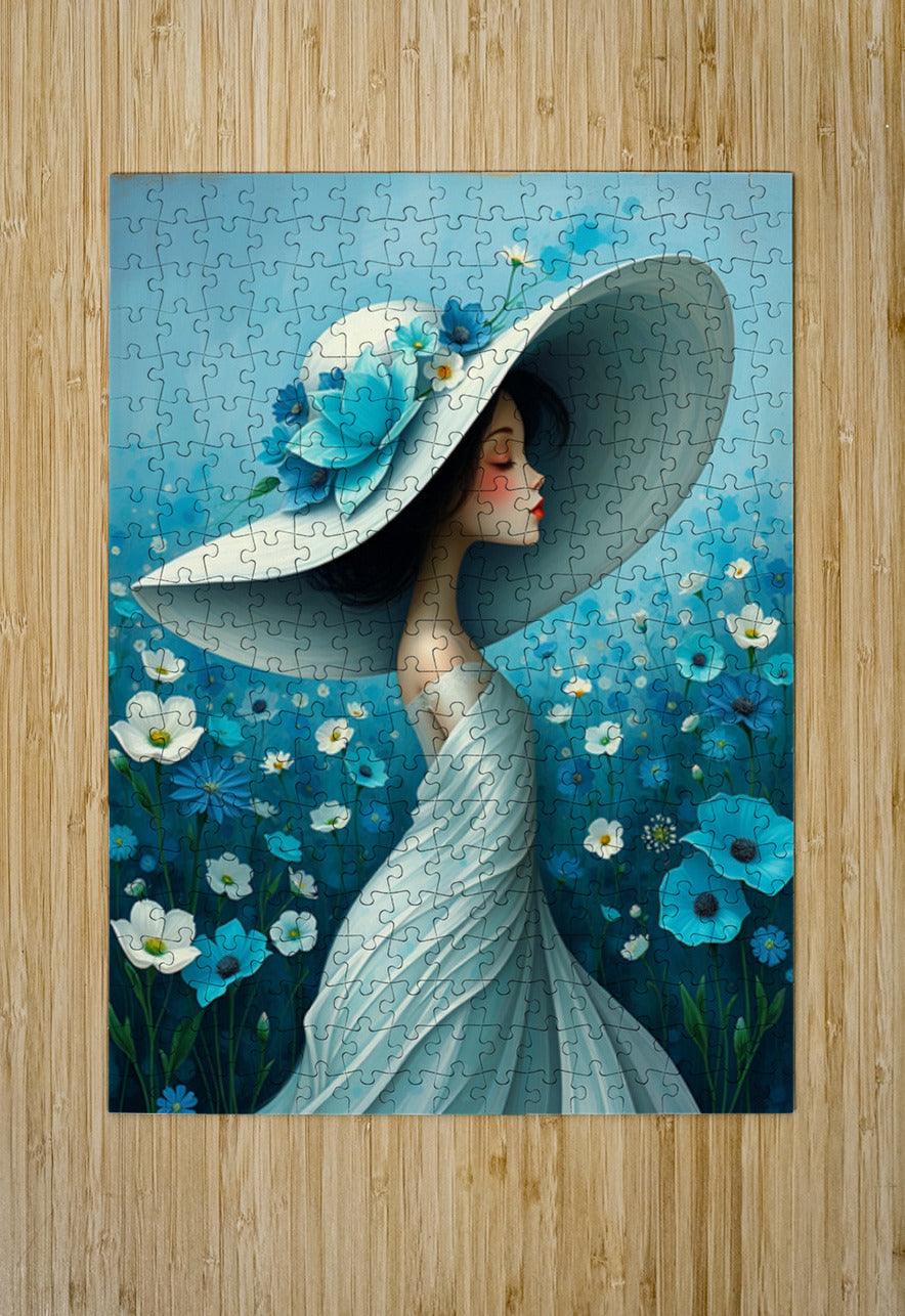 Floral portrait jigsaw puzzle of a woman in a light blue gown and wide hat with blossoms