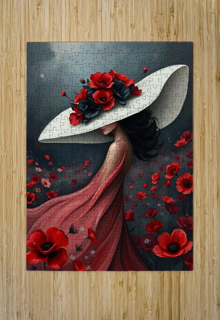 Floral jigsaw-style portrait print, woman in red dress with wide white hat and poppies