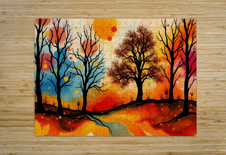 Autumn landscape wall art with jigsaw edges, silhouetted trees and orange sunset sky.