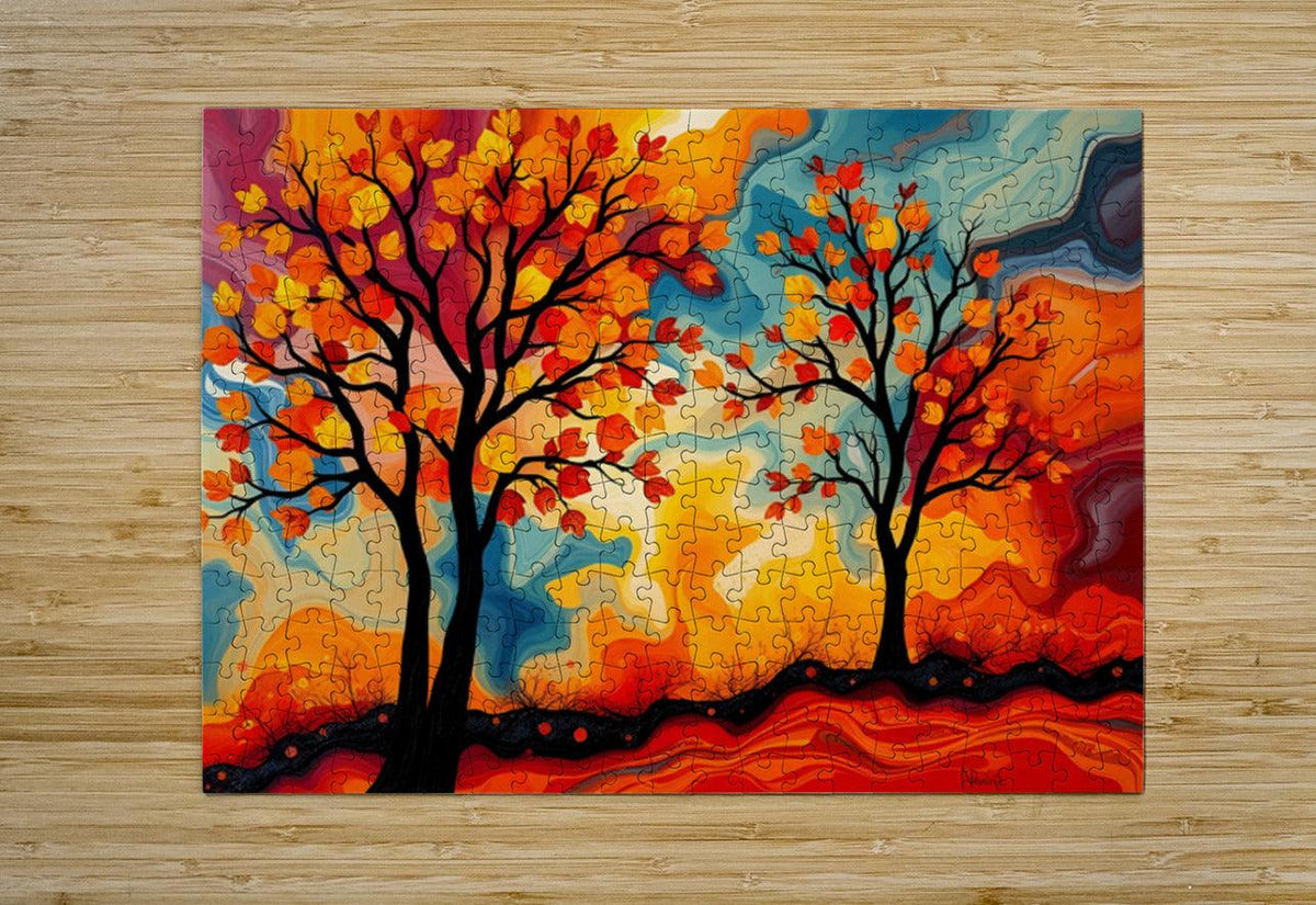 Abstract fall trees jigsaw-style print with two black trunks and swirling orange-blue backdrop
