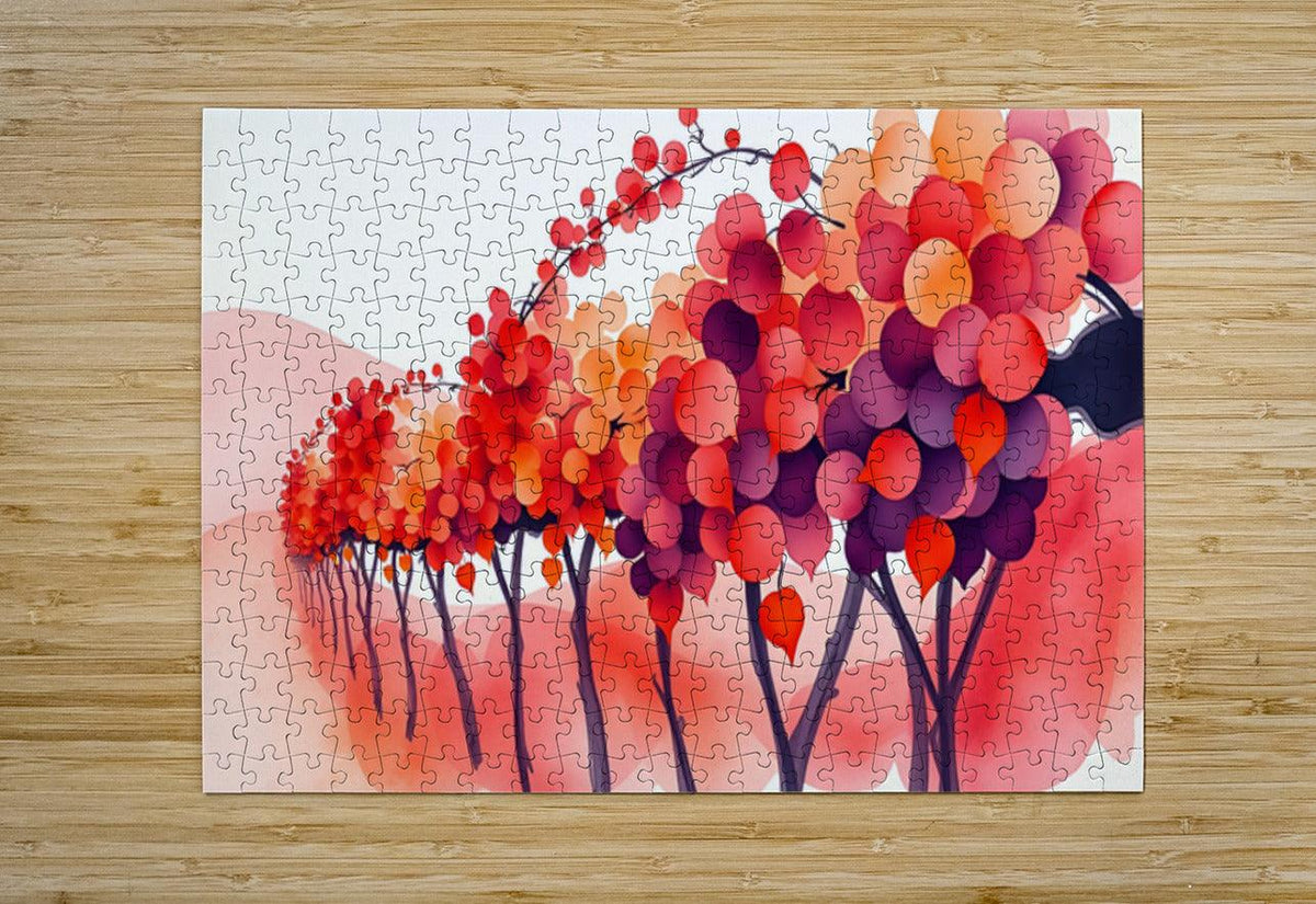 Autumn tree jigsaw puzzle image with red, orange, and purple bubble tree crowns