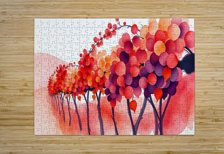 Autumn tree jigsaw puzzle image with red, orange, and purple bubble tree crowns