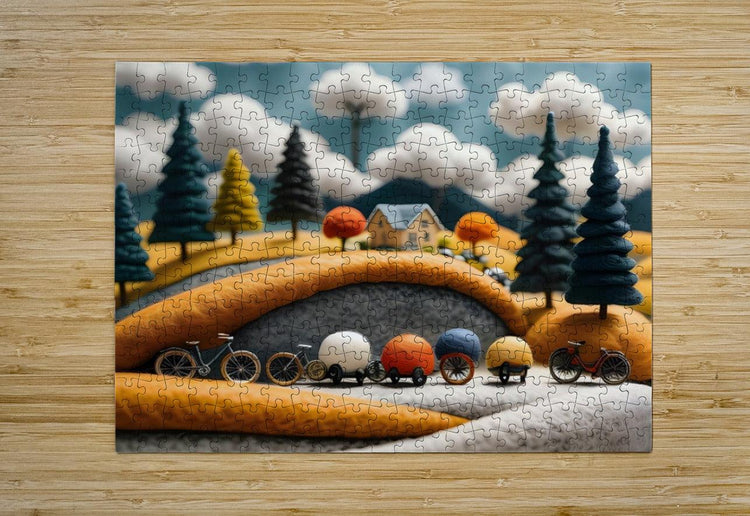 Jigsaw puzzle artwork with a bicycle journey, orange hills, small bikes, trees, and clouds