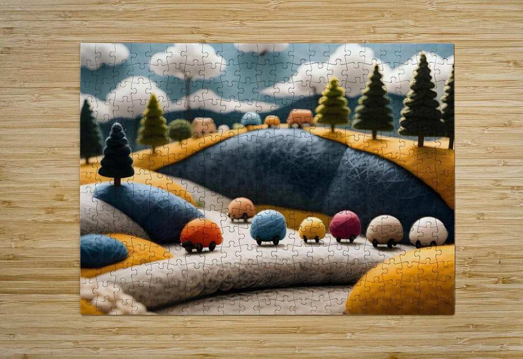 Puzzle-style countryside scene with sheep toy cars on a blue hill and pine trees