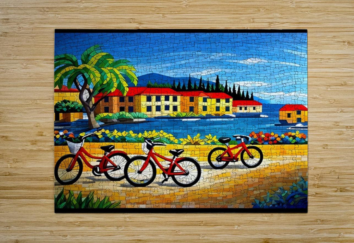 Bicycle mosaic wall art print on a wood backdrop, showing red bikes and waterfront buildings