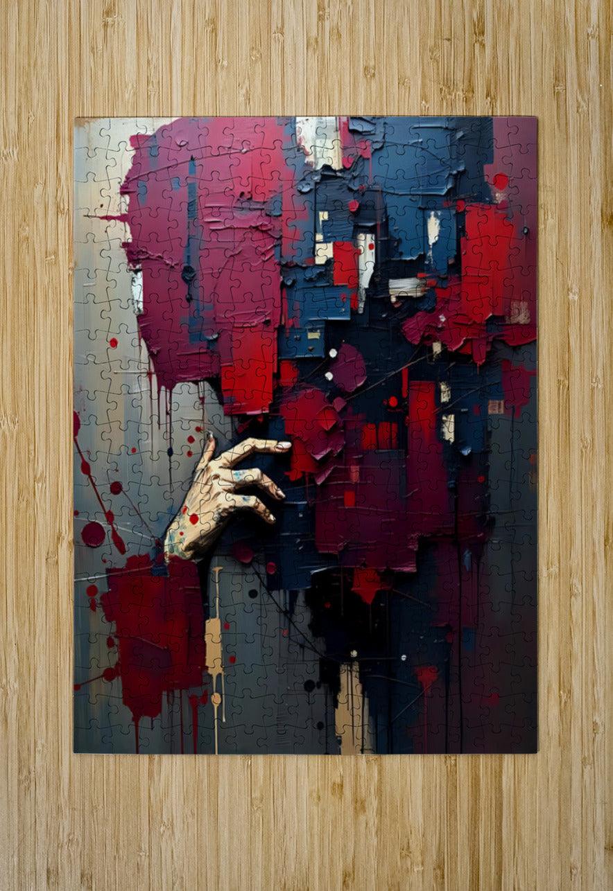 Jigsaw-style abstract hand artwork with red and blue paint blocks and drips