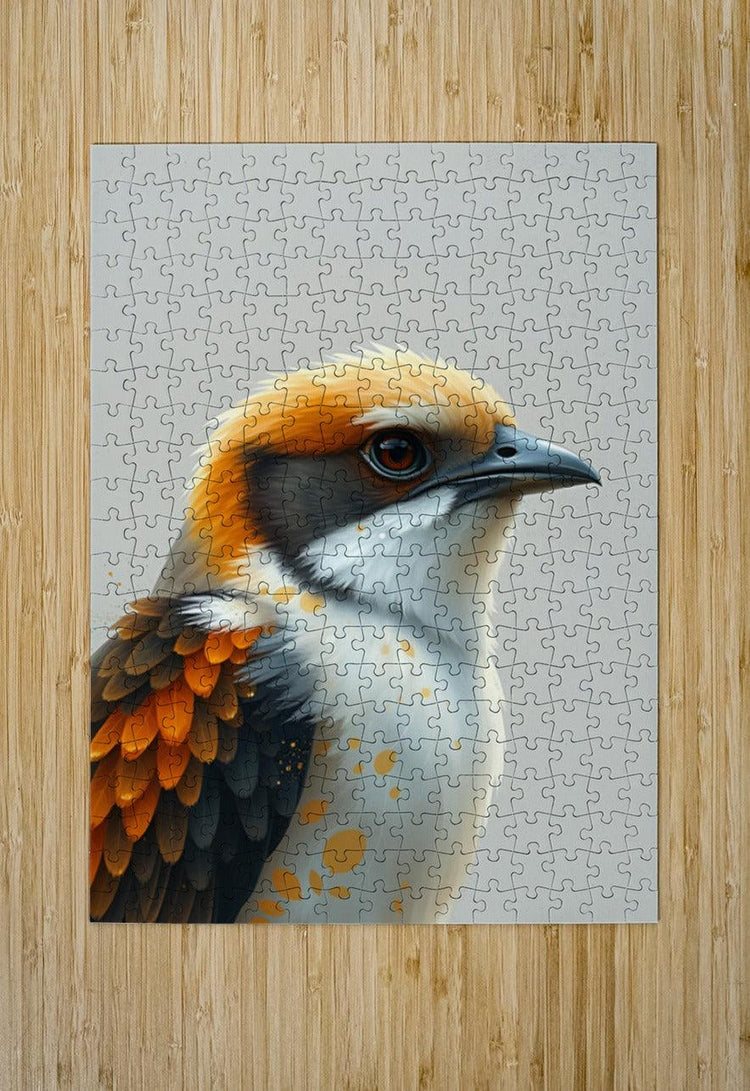 Colorful bird jigsaw puzzle image with orange crest and black-and-white feathers
