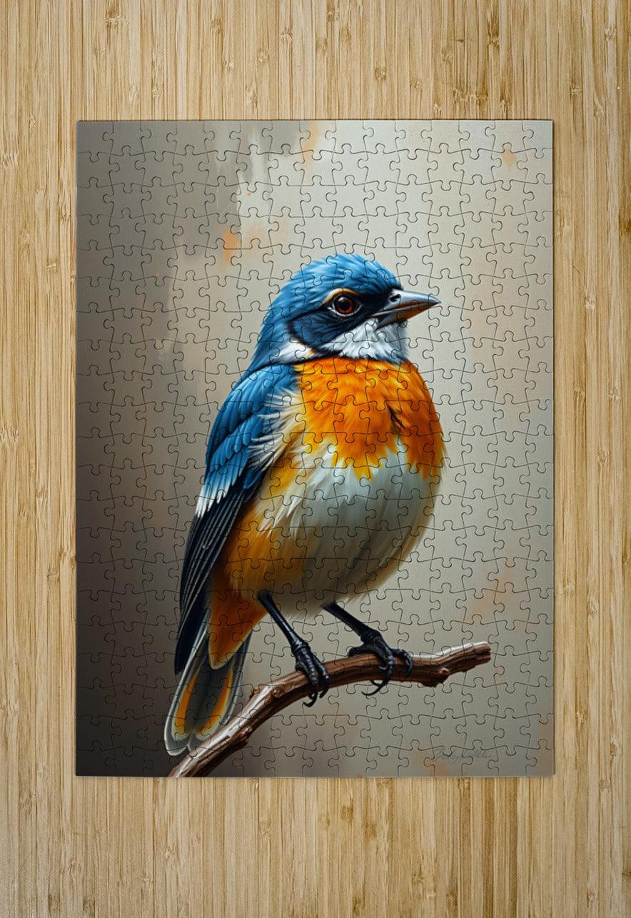 Blue and orange bird portrait jigsaw puzzle, perched on a branch