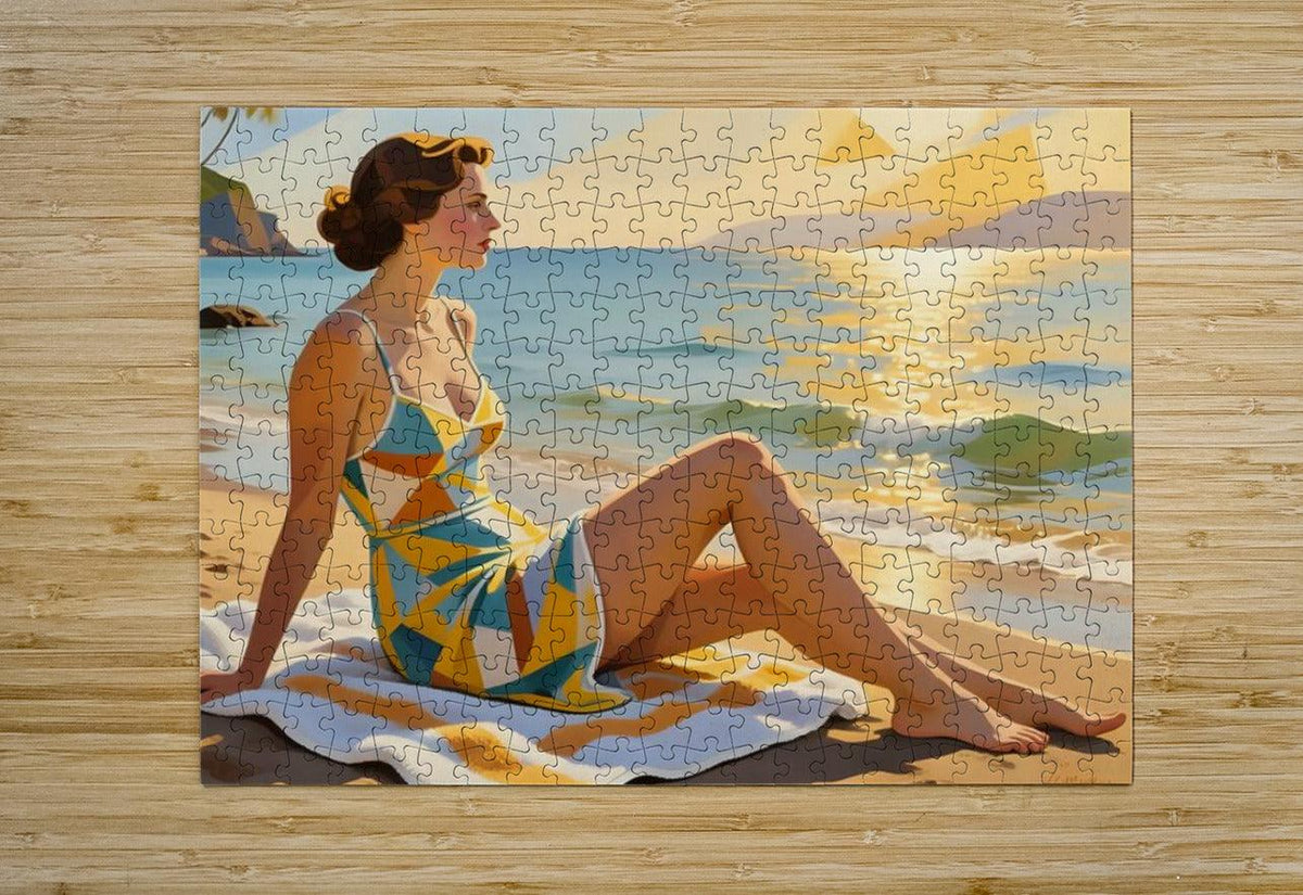 Jigsaw puzzle of a seated woman in colorful geometric one-piece swimsuit on a beach blanket