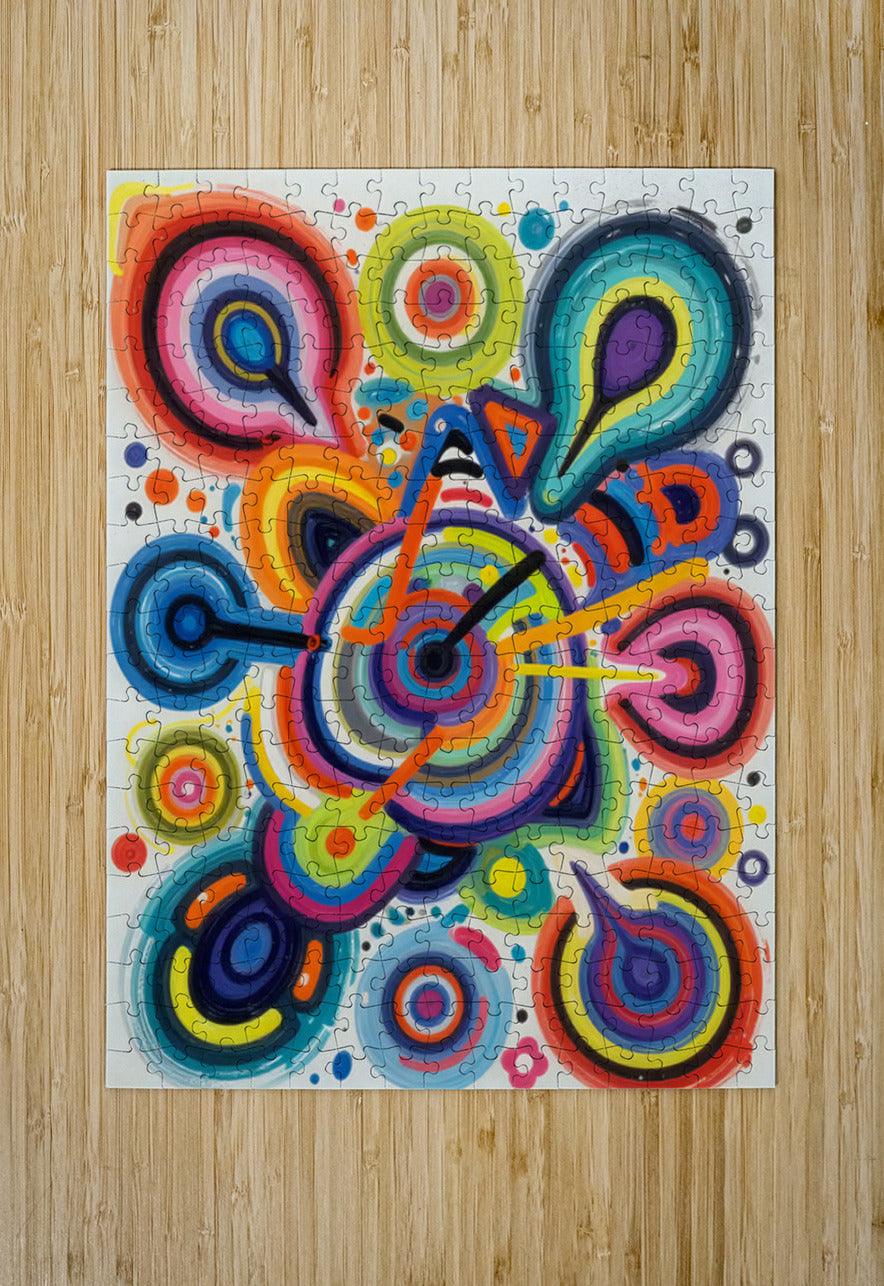 Jigsaw puzzle print featuring multicolor circular swirl patterns on wood background