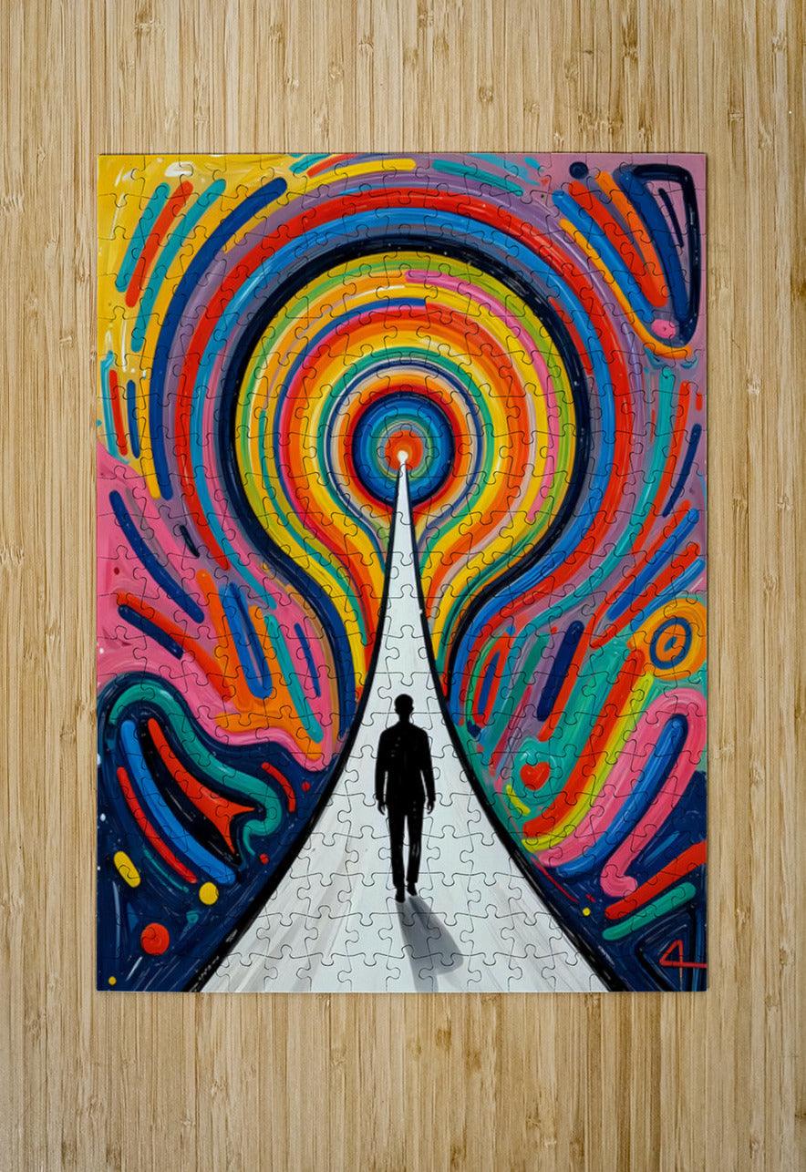 Square rainbow vortex art with rainbow tunnel, silhouette figure, and white path