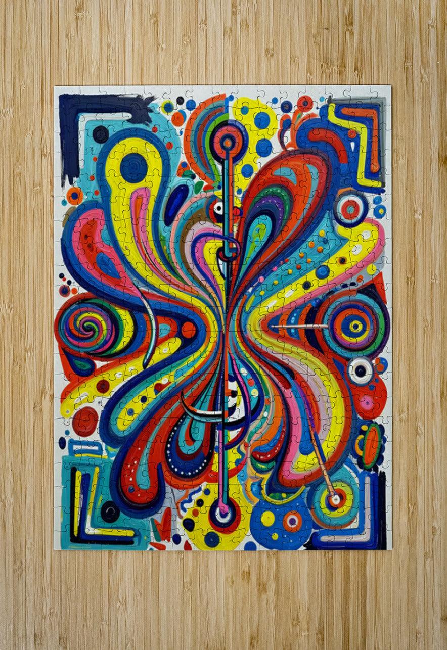 Colorful abstract art stretched canvas print with swirling lines and circles radiating from center