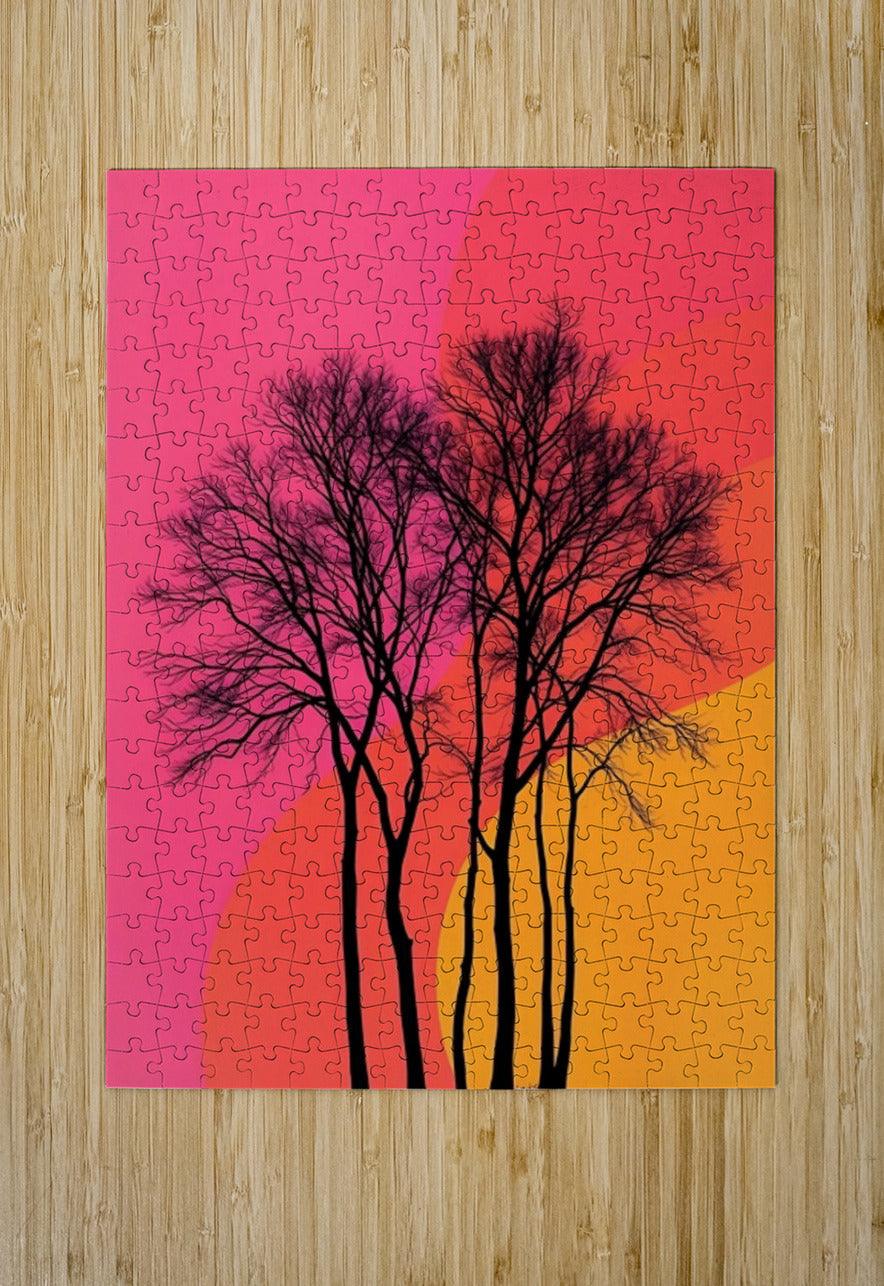 Jigsaw puzzle print showing black tree silhouettes on pink and orange sunset color blocks