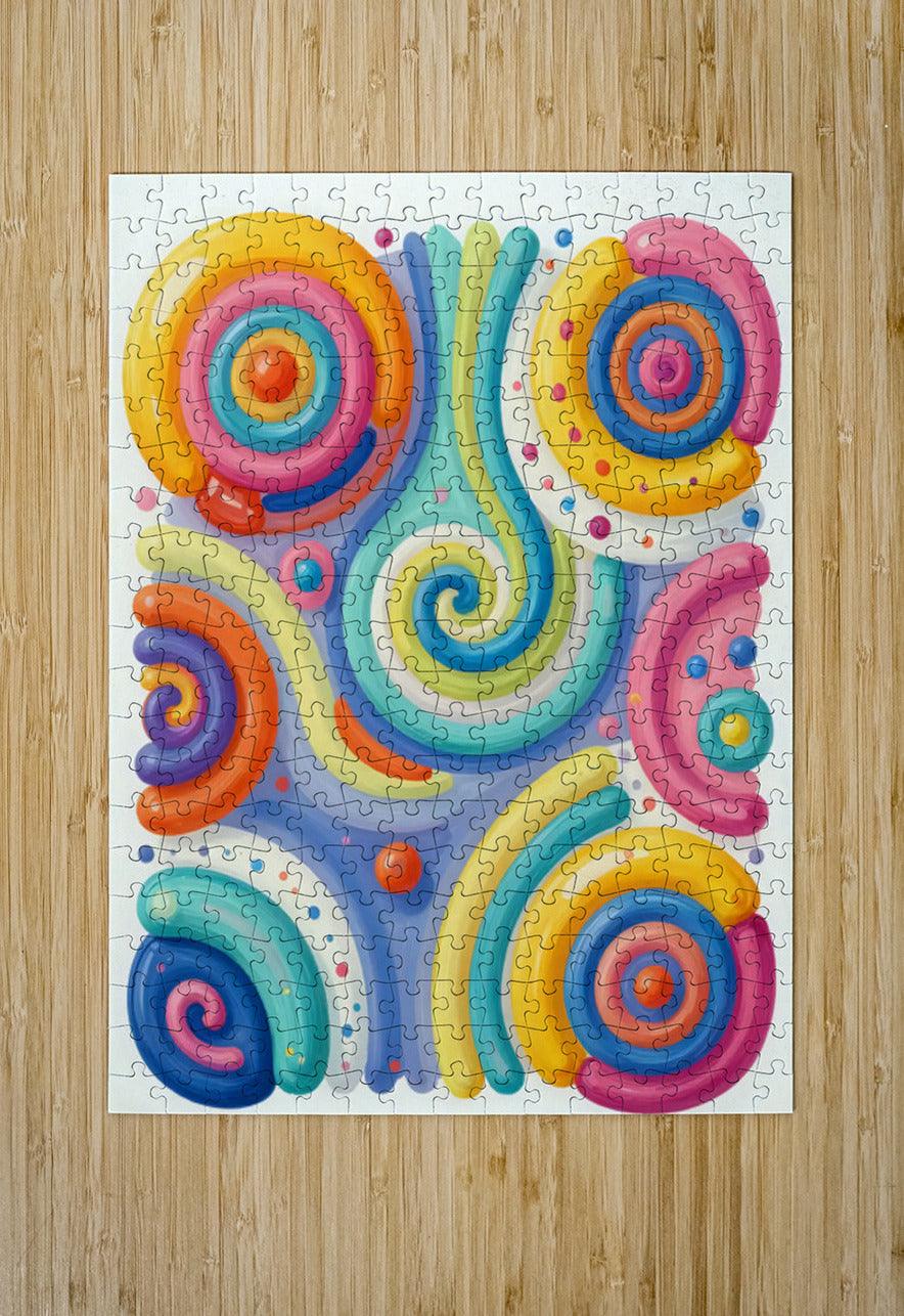 Jigsaw puzzle print featuring colorful abstract spiral swirls in pink, blue, yellow