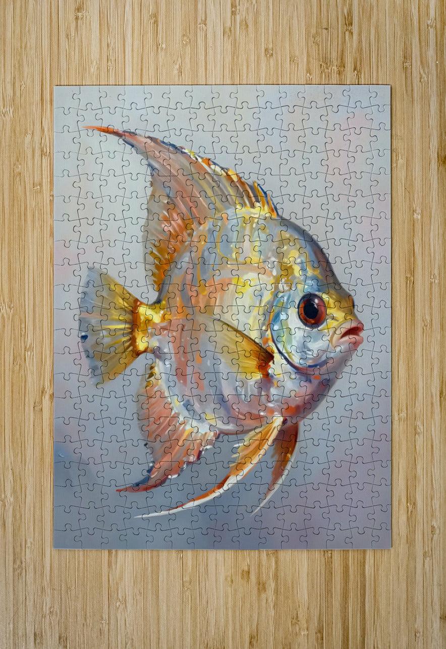 Tropical fish jigsaw puzzle print of a colorful pufferfish with visible interlocking pieces.