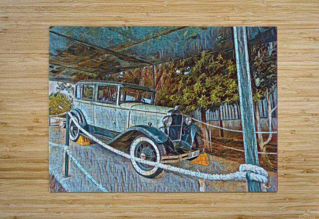 Vintage car canvas print in blue, featuring a canopy scene on a wooden backing