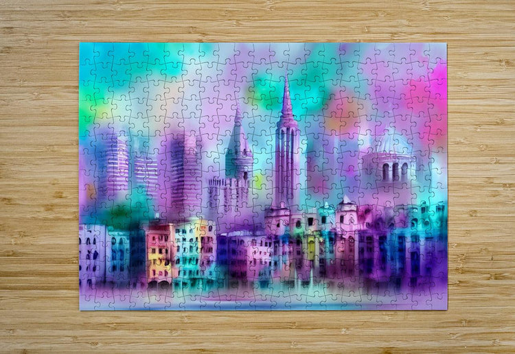 Pastel city skyline puzzle artwork with interlocking pieces on a wood tabletop
