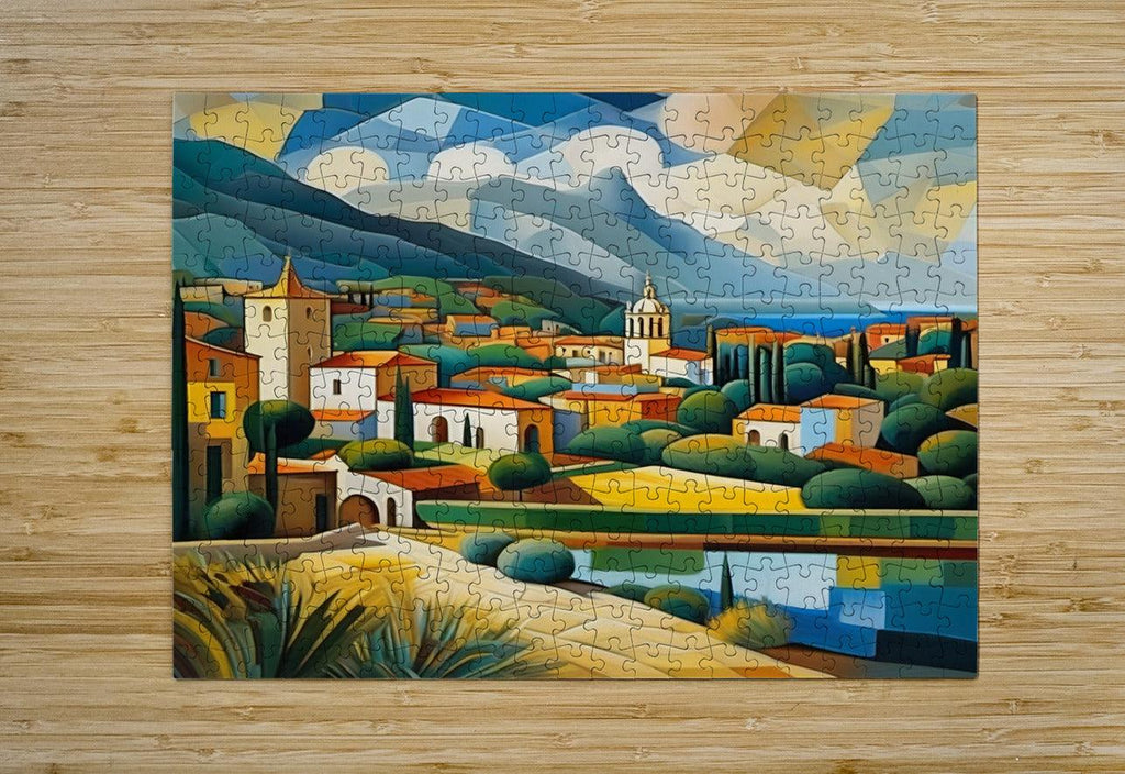 Geometric Mediterranean cubist landscape canvas print with houses, hills, and a tower