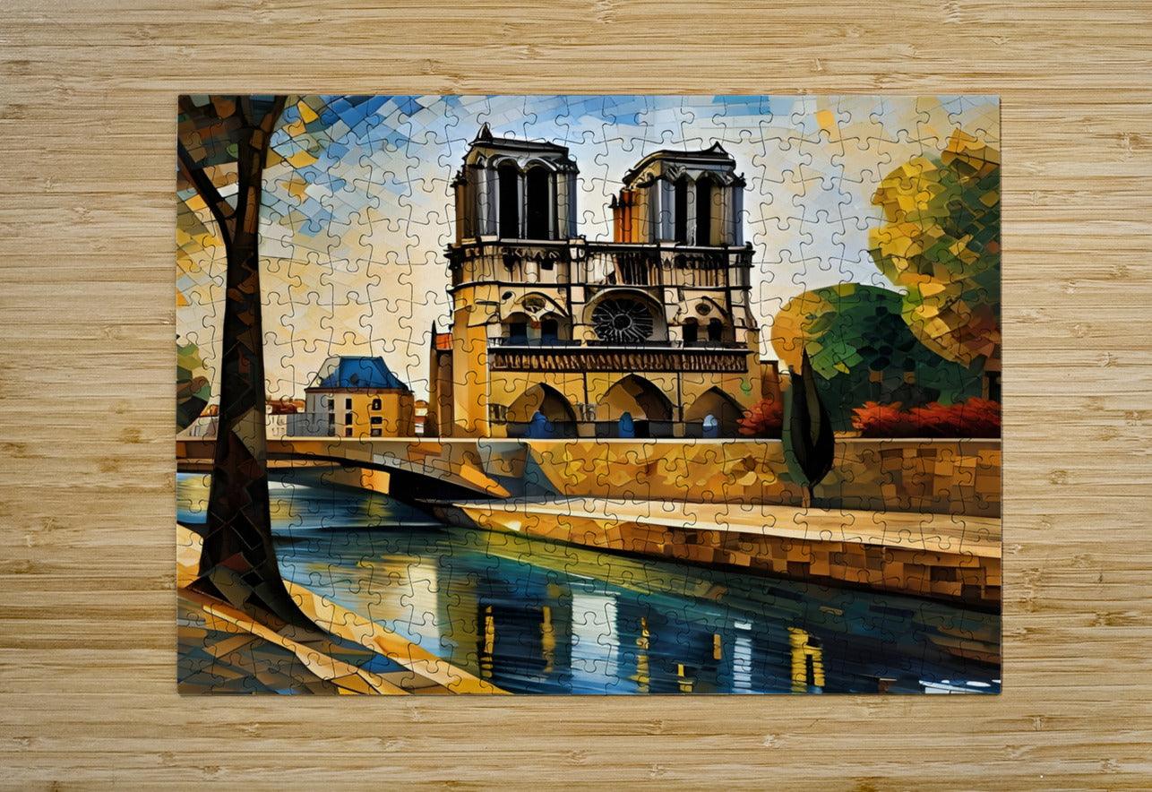 Architectural wall art print with gothic cathedral, river reflections, and mosaic pattern pieces