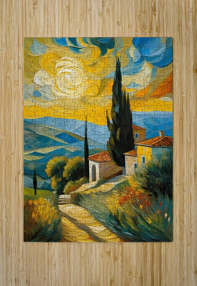 Colorful jigsaw landscape wall art print with town, tall cypress tree, and blue sky
