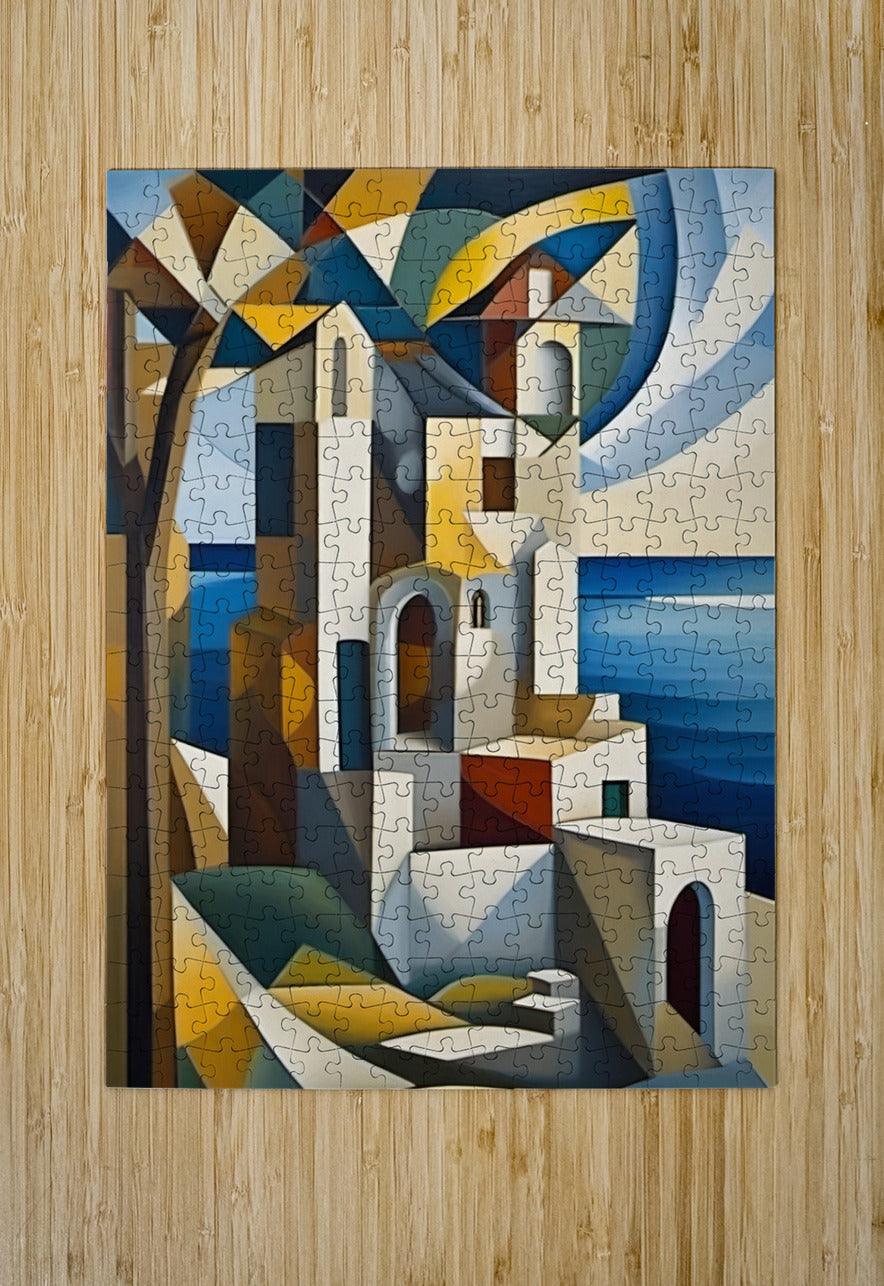 Cubist architectural jigsaw puzzle art with white towers and blue sea in geometric pieces