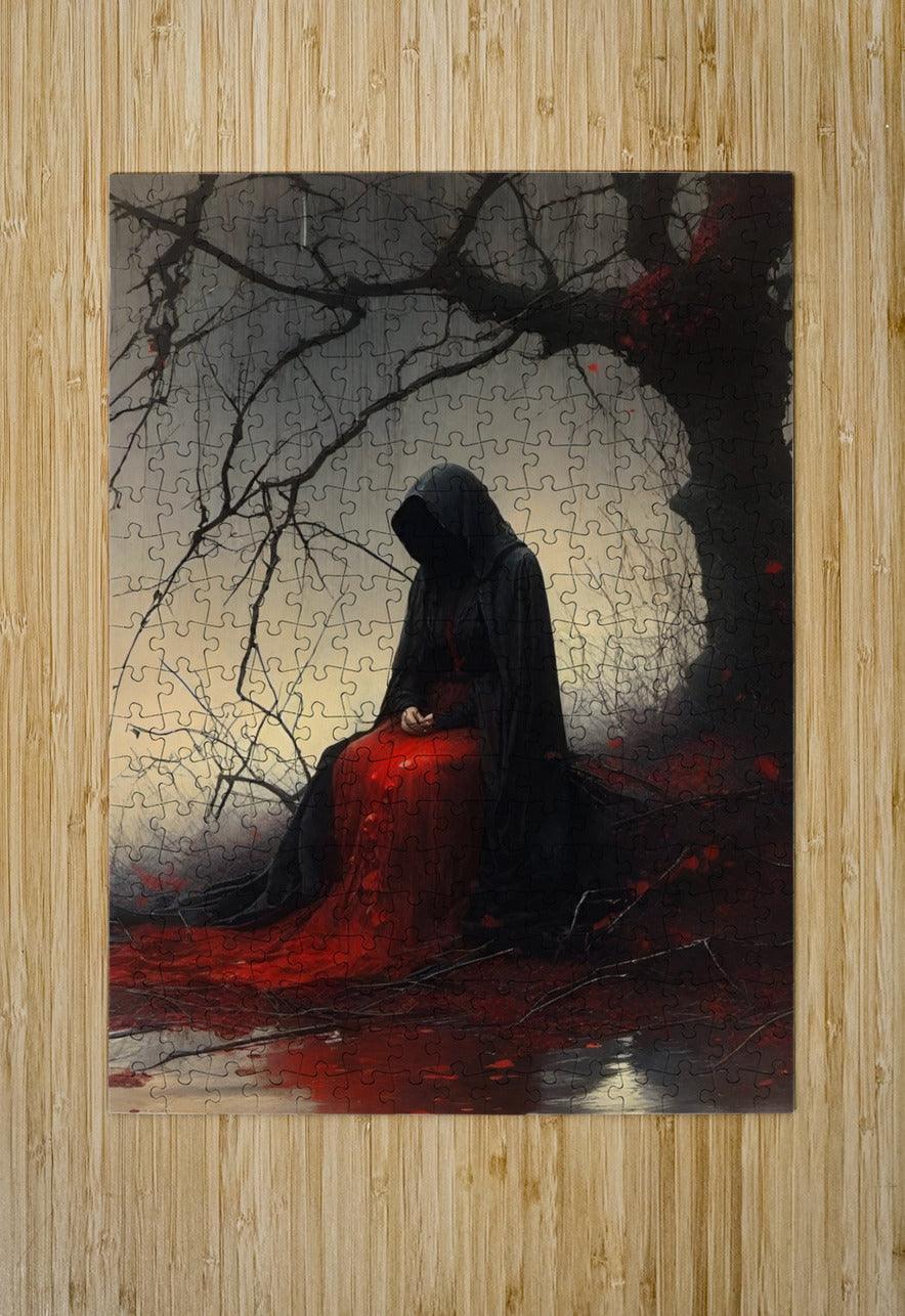 Dark gothic hooded woman on jigsaw puzzle print with full moon, branches, and red splashes