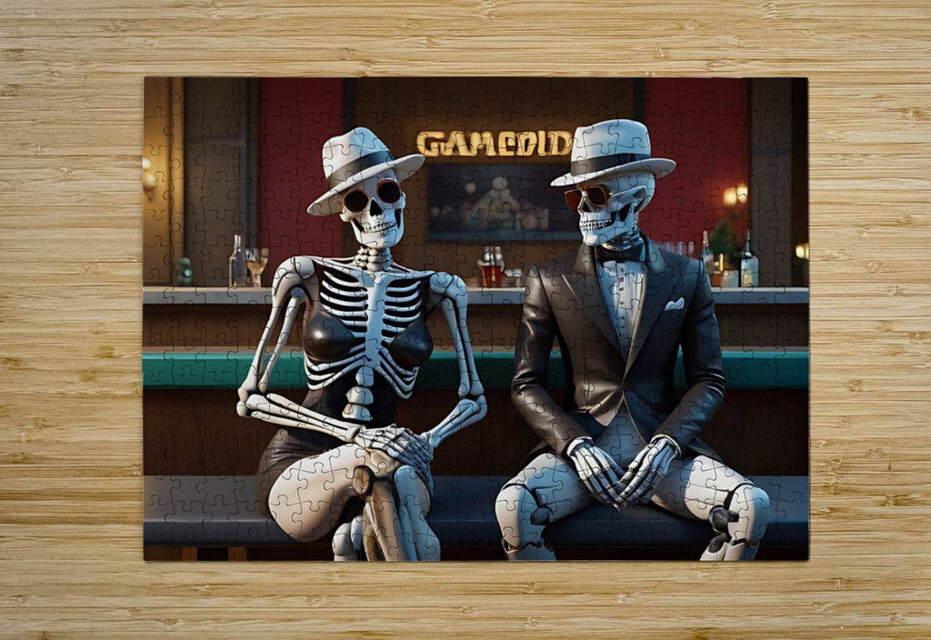 Skeleton duo framed canvas with jigsaw texture: two seated skull figures in blue hats and suits.