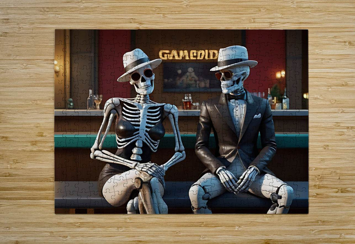 Skeleton duo framed canvas with jigsaw texture: two seated skull figures in blue hats and suits.