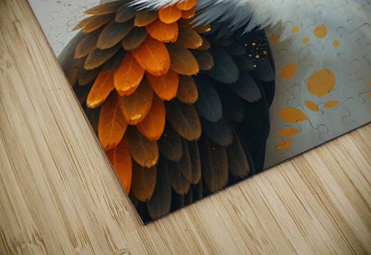 Colorful bird jigsaw puzzle close-up of orange and black wing feathers