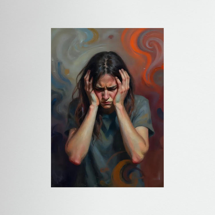 Unframed art print of a distressed woman holding her head, blue-green top, swirling colors.