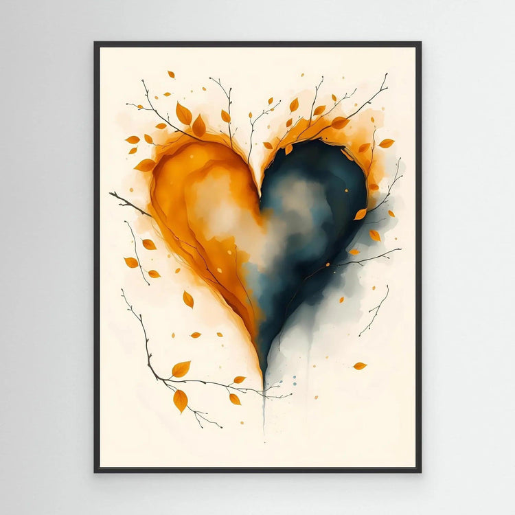 Black-framed canvas wall art with blue and orange watercolor heart and leaf branches