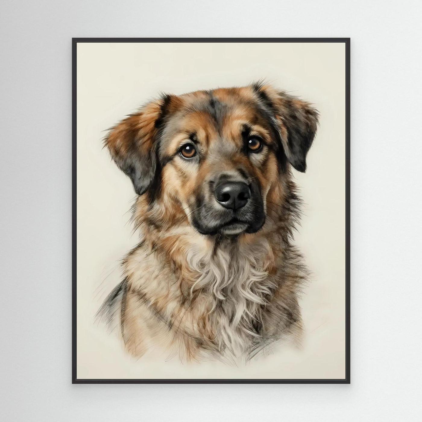 Framed dog portrait print with fluffy tan, gray, and black dog face, black frame.