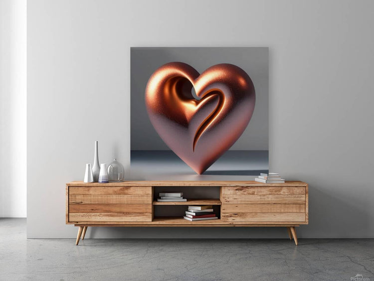 Copper rose gold sculptural heart wall art print on gray canvas panel