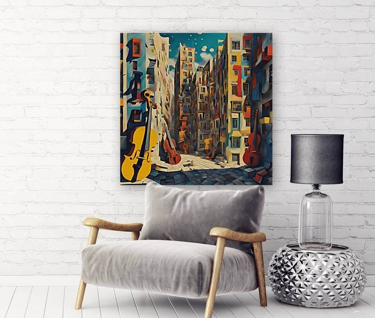 Framed musical cityscape wall art featuring yellow bass, red cellos, and stacked buildings