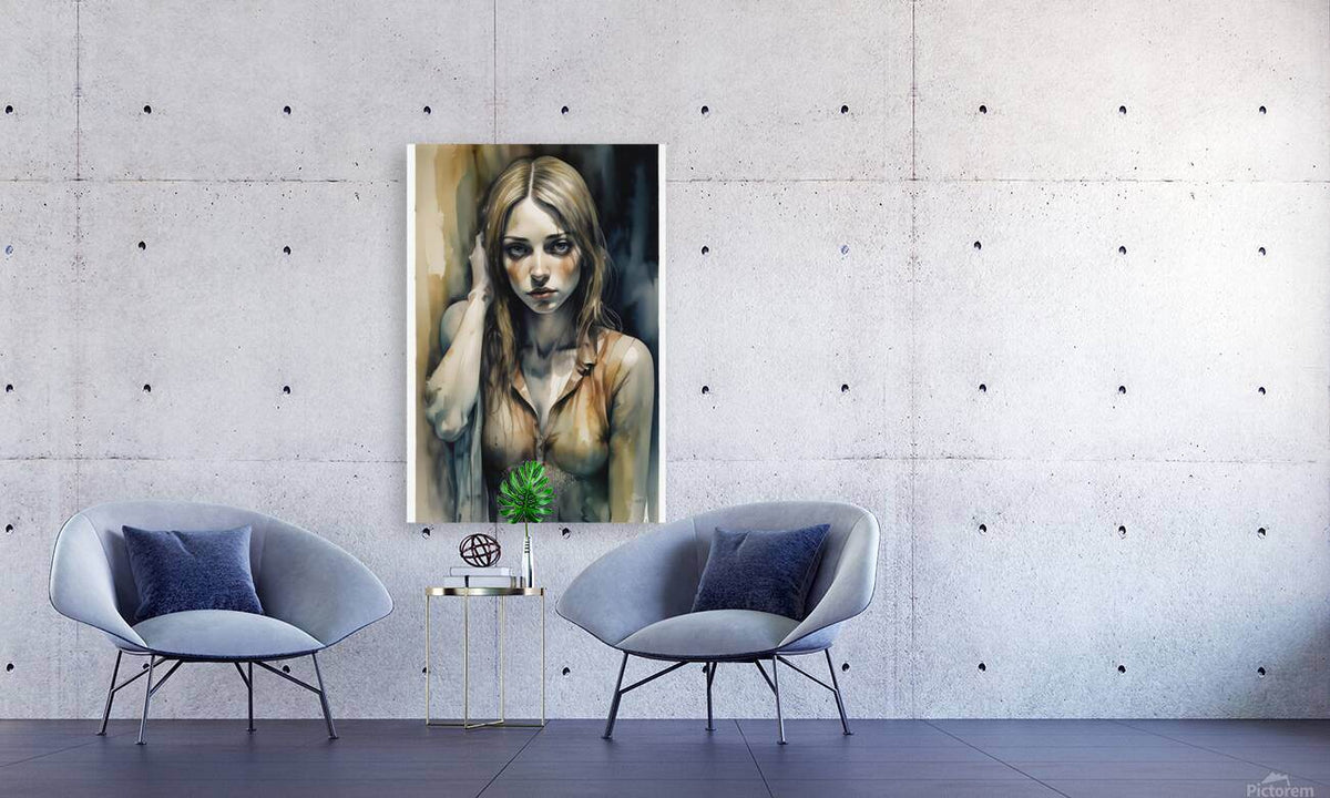 Unframed watercolor portrait print of a blonde woman, shoulders and raised hand, muted palette.
