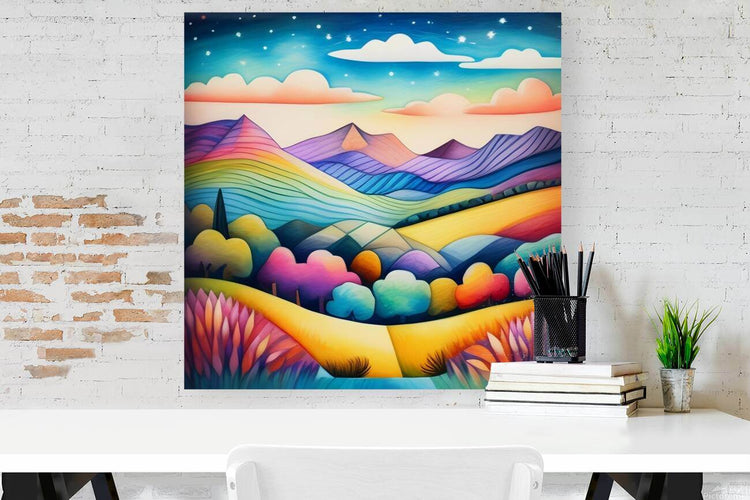 Rainbow landscape wall art with mountains, clouds, starry sky, and vivid valley in warm tones