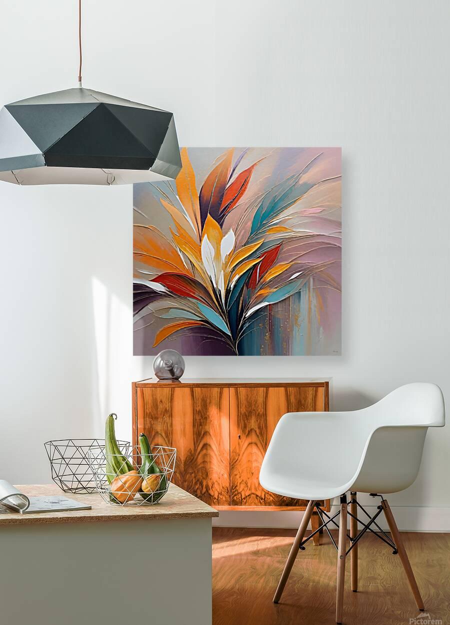 Abstract botanical wall art in a small square frame with orange and teal leaf strokes