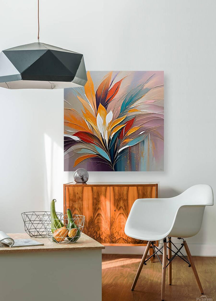 Abstract botanical wall art in a small square frame with orange and teal leaf strokes