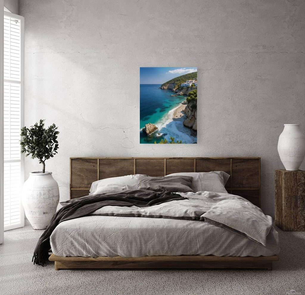 Coastal photo print showing turquoise shoreline with sandy beach, rocky cliffs, white buildings