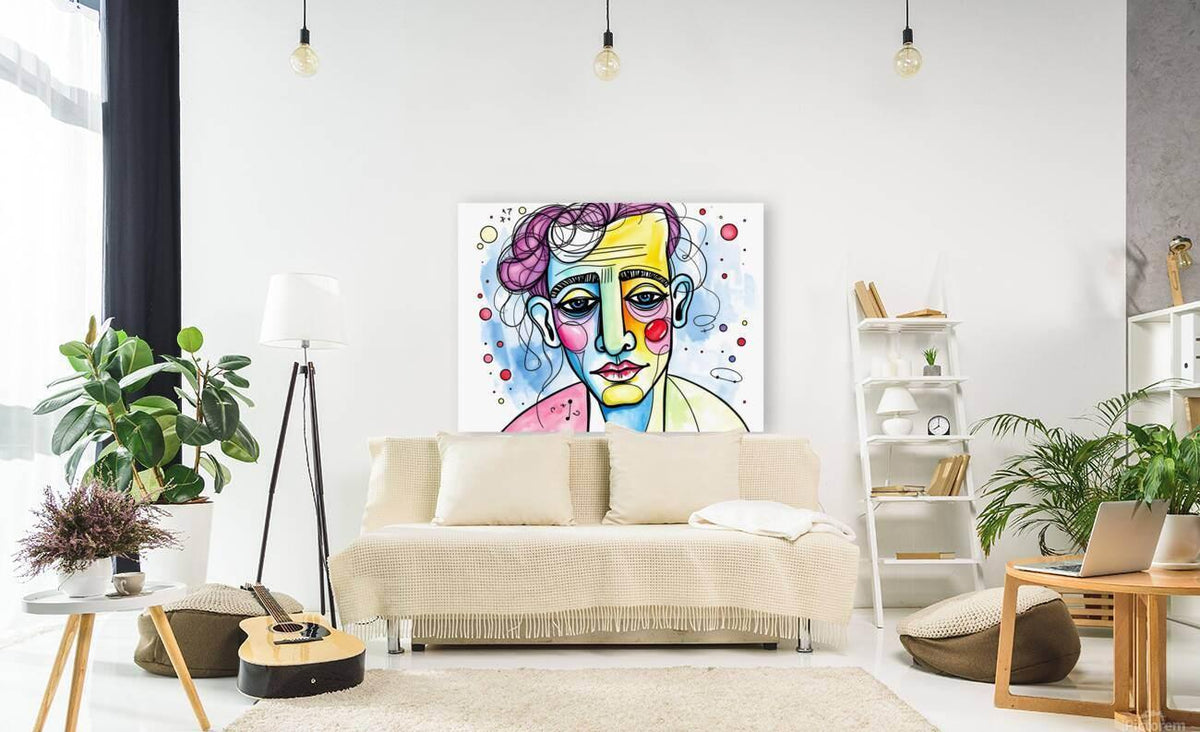 Framed abstract face portrait print with curly purple hair, colorful makeup, and dot accents